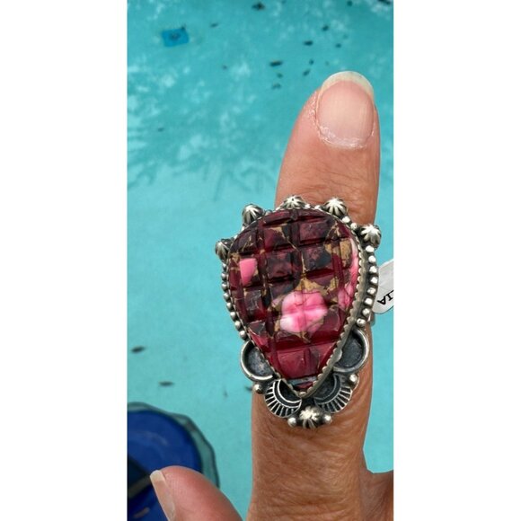 Artisan Rose Dahlia Southwest Mosaic Carved Adj Sterling Silver Statement Ring - Picture 10 of 10